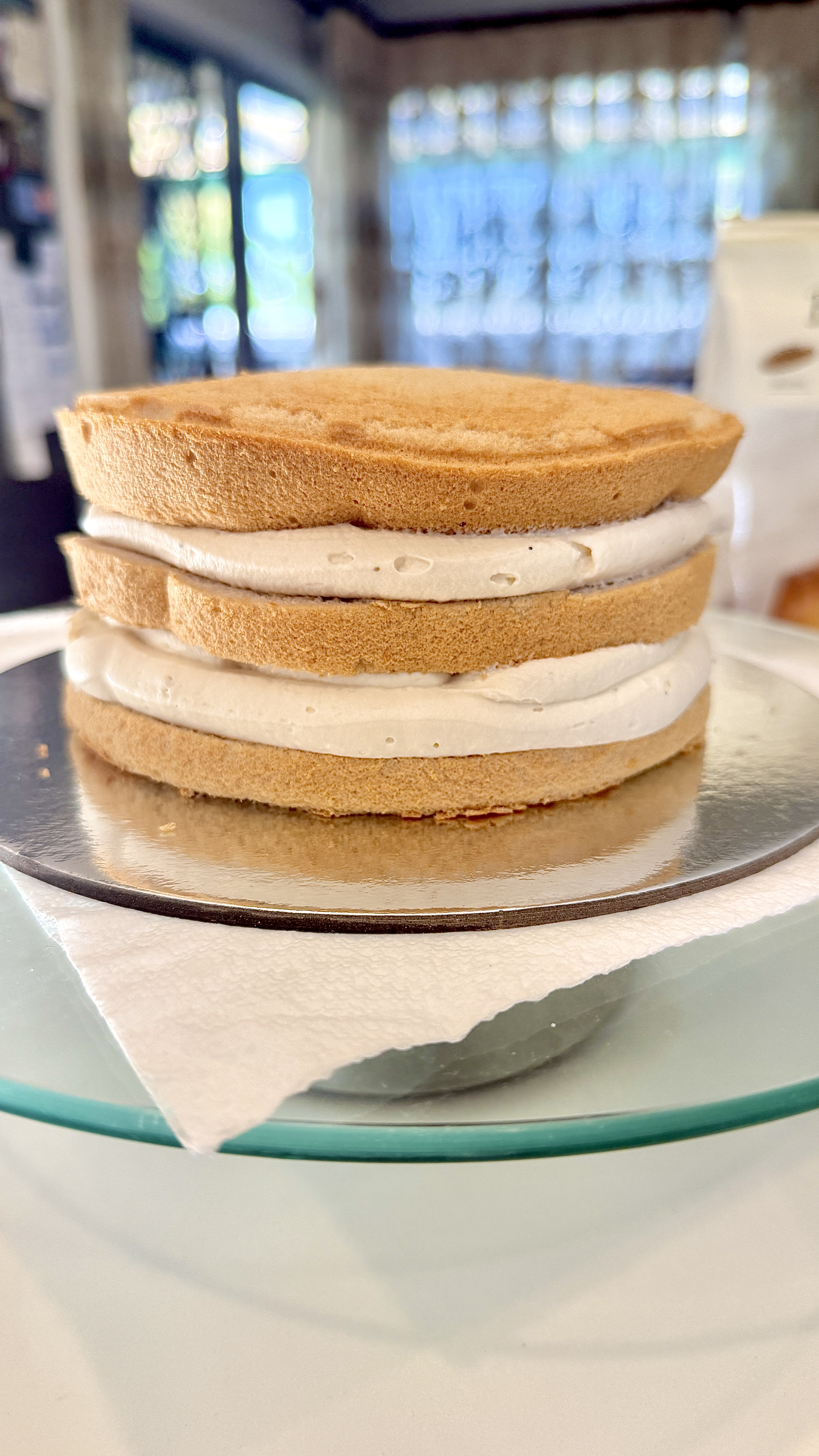 Layers being assembled with cream